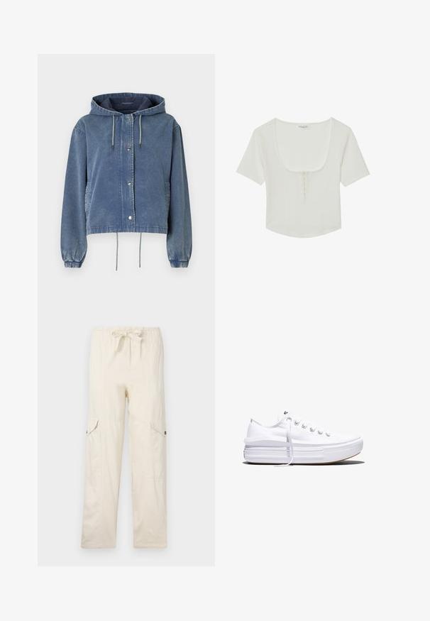 Jeansjacke in verblasstem Blau mit Kapuze, silbernen Druckknöpfen, elastischen Bündchen und verstellbaren Kordeln am Saum und der Kapuze.; Even&Odd T-Shirt basic - white; Beige Cargo-Hosen mit einem Kordelzugbund, ausgestattet mit zwei Seitentaschen und genähten Details. Aus leichtem Baumwollmaterial hergestellt.; Weißer Canvas-Sneaker mit niedrigem Schnitt, dicker Plateau-Sohle, vorderer Schnürung und rauer Gummikappe an der Spitze, aus seitlicher Ansicht gezeigt.