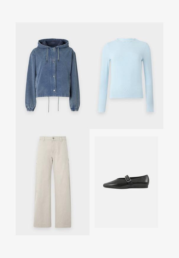 Jeansjacke in verblasstem Blau mit Kapuze, silbernen Druckknöpfen, elastischen Bündchen und verstellbaren Kordeln am Saum und der Kapuze.; Hellblaues Langarmoberteil aus glattem Stoff, mit einem gewellten Halsauschnitt und taillierter Passform, geradem Saum und ohne Muster.; Beige Cargo-Hose mit geradem, weitem Bein, ausgestattet mit Seitentaschen und einem Knopfverschluss, aus robustem Baumwollmaterial gefertigt.; Schwarze Lederflachschuhe mit spitzem Zehenbereich, ausgestattet mit einem metallischen Riemen über dem Spann und einer niedrigen, flexiblen Sohle.