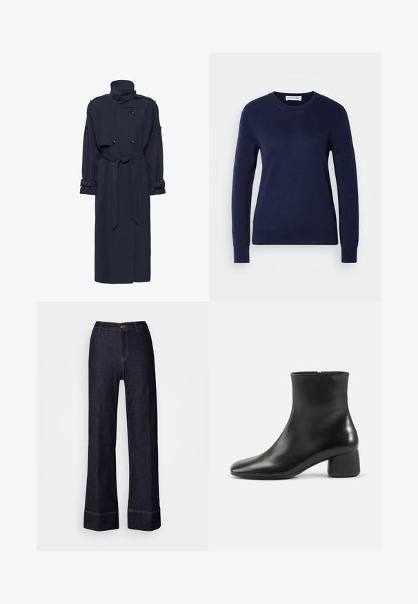 Manteau trench bleu marine avec col montant, design croisé, taille ceinturée et manches longues avec des accents de boucle aux poignets.; Pull à col rond bleu marine en tissu tricoté. Doté de manches longues et d'un ourlet côtelé. Logo Lacoste de couleur assortie sur la poitrine.; Pantalons large en denim foncé à taille haute, avec une fermeture à bouton sur le devant et des accents de couture orange. Texture lisse sur l'ensemble.; Bottine en cuir noir avec bout carré arrondi, fermeture éclair latérale et talon bas épais sur fond clair uni.