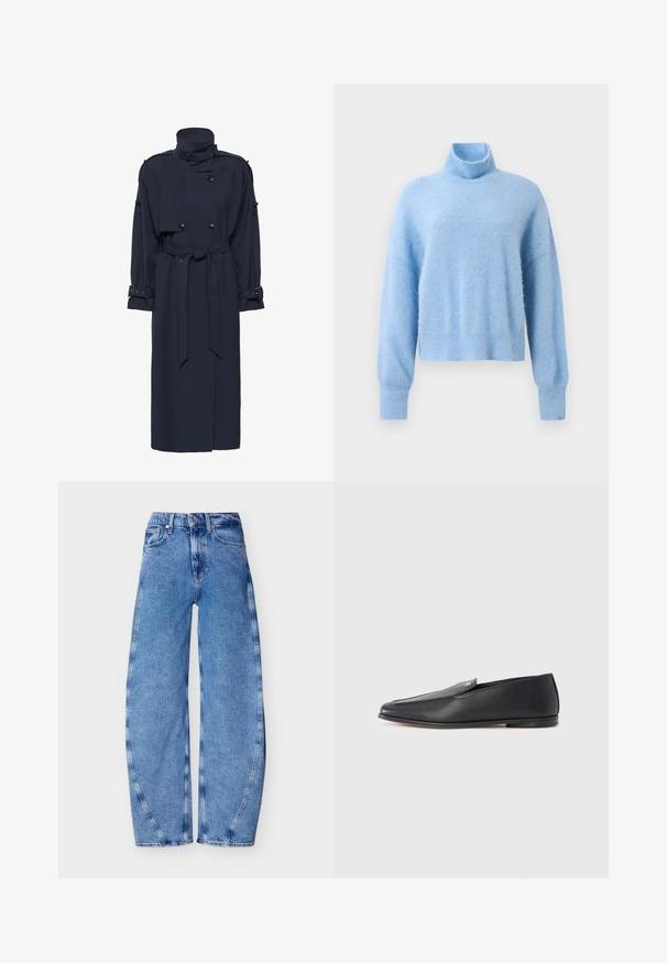 Manteau trench bleu marine avec col montant, design croisé, taille ceinturée et manches longues avec des accents de boucle aux poignets.; Pull col roulé court bleu clair en tissu doux et texturé, avec des manches longues et des poignets côtelés pour une touche de détail.; Jean en denim bleu taille haute avec jambes larges, poches avant, passants pour ceinture et fermeture par bouton, présenté sur un fond blanc.; Mocassins en cuir noir à texture lisse, bout arrondi et détails de couture subtils. Ils présentent un accent logo doré sur le côté supérieur.