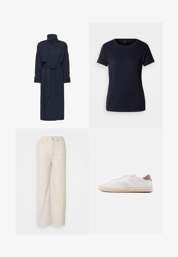 Manteau trench bleu marine avec col montant, design croisé, taille ceinturée et manches longues avec des accents de boucle aux poignets.; T-shirt à manches courtes bleu marine en coton, avec un col rond et un petit logo brodé sur la poitrine. Texture lisse.; Jean large beige clair en coton. Présente une taille haute, une fermeture à bouton à l'avant et deux accents de couture horizontaux sur les jambes.; Baskets blanches avec une tige en daim, des accents beiges et une semelle en jute tressé. Elles sont équipées de lacets plats et arborent un logo de marque sur le côté.
