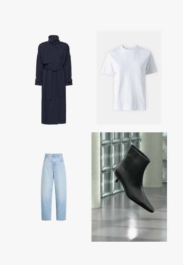 Manteau trench bleu marine avec col montant, design croisé, taille ceinturée et manches longues avec des accents de boucle aux poignets.; T-shirt en coton blanc avec un col rond, manches courtes, coupe droite et texture lisse. Sans motifs ni embellissements.; Jean bleu clair taille haute à jambes droites avec poches avant, passants de ceinture et fermeture par bouton.; Bottine en cuir noir à bout pointu et petit talon kitten, présentée en angle devant un sol poli et un mur en blocs de verre.