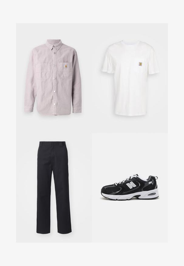 Lichtpaars langemouwen shirt gemaakt van katoen, met een knoopsluiting aan de voorkant, twee borstzakken en een merkembleem op de linker zak.; Witte katoenen t-shirt met korte mouwen, een borstzak en een klein vierkant logo-opdruk in oranje en wit op de zak.; Zwarte rechte broek van een katoenmix. Heeft een platte tailleband met riemlussen en geen zichtbare hardware of versieringen.; Zwarte en grijze sport schoenen met een bovenwerk van mesh en suede, voorzien van een witte tussenzool, veters en een gedurfde "N"-logo aan de zijkant.