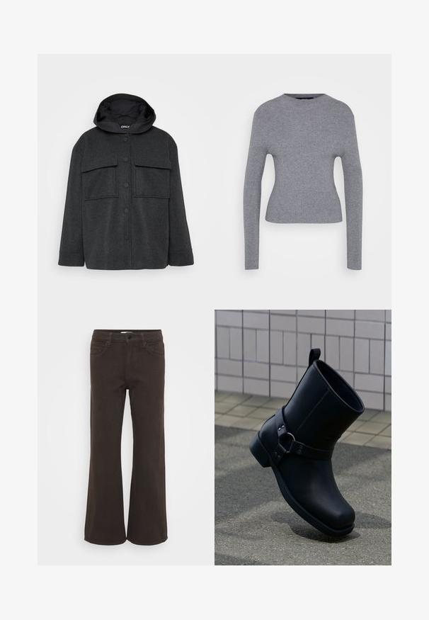 Chaqueta con capucha de color gris oscuro, hecha de una tela texturizada. Presenta dos bolsillos en el pecho y un cierre frontal de botones con botones negros.; Suéter gris de manga larga con cuello redondo y silueta ajustada, exhibido sobre un fondo blanco liso.; Jeans de pierna ancha en marrón oscuro, fabricados en mezcla de algodón. Presentan cuatro bolsillos, trabillas para cinturón y cierre de botón en la parte delantera. Textura suave.; Botín de cuero negro con correa y detalle de anilla metálica, exhibido sobre un pavimento gris con fondo de pared con azulejos.