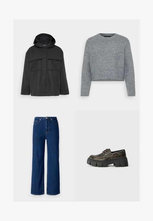 Mørkegrå hættejakke lavet af et tekstureret stof. Har to brystlommer og en frontlukning med knapper i sort.; Grå, cropped sweater i et struktureret strik, med en rund halsudskæring og lange ærmer. Materialet ser blødt og varmt ud.; Bredde ben denimjeans i mørkeblå, med et klassisk fem-lomme design, diskret syninger og en metalknaplukning ved taljen.; Mørkebrun læder snørebåd med tyk sort chunky sål, struktureret overflade og moc toe syning på glat baggrund.