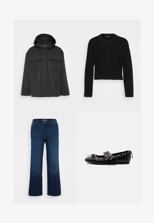 Mørkegrå hættejakke lavet af et tekstureret stof. Har to brystlommer og en frontlukning med knapper i sort.; Sort cropped sweater lavet af strikket stof. Har en rund halsudskæring, lange ærmer og en tekstureret overflade med en tætsiddende pasform ved kanten.; ONLY Petite ONLMADISON BLUSH WIDE - Wide leg - dark blue denim; Sort flad balletsko med dobbelt spænde, sølvøjer og en lille sløjfe nær den runde tå på en hvid baggrund.