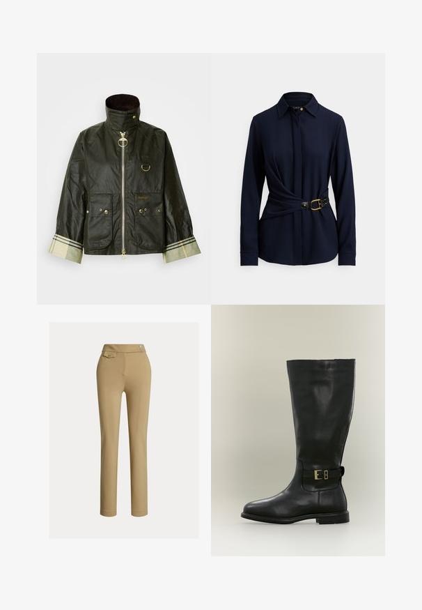 Veste cirée vert foncé avec un col montant, des accessoires dorés, deux poches avant et un détail à carreaux sur le poignet. Nom de la marque « Barbour » affiché.; Chemise à manches longues bleu marine avec col, design torsadé à l'avant, et ceinture noire avec boucle dorée et détails cloutés. Texture de tissu douce.; Pantalons slim beige pour femmes avec taille haute, deux boutons sur le côté et une petite poche à rabat boutonnée près de la taille.; Botte haute en cuir noir avec un talon bas et une bride latérale à petite boucle dorée, présentée sur un fond neutre.
