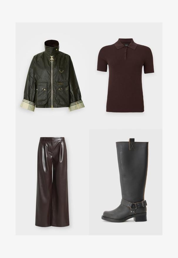 Veste cirée vert foncé avec un col montant, des accessoires dorés, deux poches avant et un détail à carreaux sur le poignet. Nom de la marque « Barbour » affiché.; Polo en maille côtelée à manches courtes de couleur brun foncé avec trois boutons et un col classique, présenté sur un fond uni.; Pantalon marron en simili cuir taille haute, jambes larges avec passants de ceinture et couture frontale sur fond uni.; Bottes noires en cuir, montantes jusqu'au genou, avec une finition texturée, présentant une boucle sur le côté et un talon bas. Couture détaillée le long des coutures.
