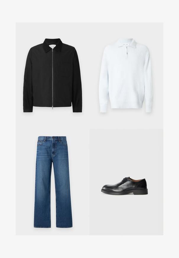 Chaqueta negra de manga larga con cremallera y collar, con un bolsillo en el pecho y dos bolsillos laterales, exhibida sobre un fondo blanco.; Jersey de manga larga de color azul claro con acabado texturizado, cuello con solapa y tapeta con medio botones. Presenta puños y bajo acanalados.; Vaqueros azules de tiro alto y pierna recta con botón y cremallera delanteros, cinco bolsillos y un pequeño parche de marca en el bolsillo derecho.; Zapato de vestir de cuero negro con punta redonda, superficie lisa, detalles de cordones y suela de goma texturizada baja. Líneas limpias y diseño minimalista.