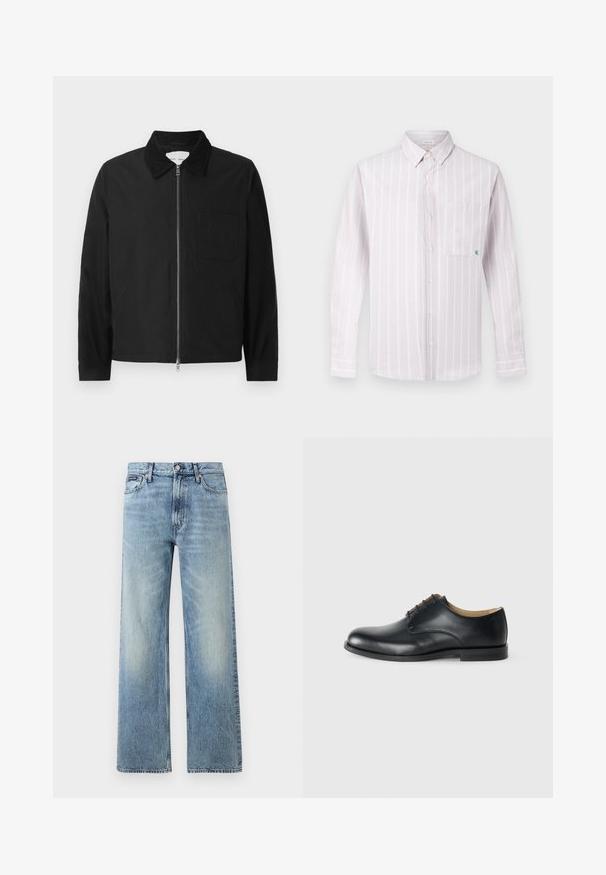 Chaqueta negra de manga larga con cremallera y collar, con un bolsillo en el pecho y dos bolsillos laterales, exhibida sobre un fondo blanco.; Camisa de manga larga color rosa claro con botones, rayas verticales blancas y un bolsillo en el pecho con un pequeño logo verde. Tejido de algodón, cuello estándar.; Vaqueros de mezclilla azul claro de corte recto con cintura alta, cinco bolsillos, cierre de botón y sutil desgaste en los muslos y las rodillas.; Calvin Klein ESS DERBY - Zapatos de vestir - triple black