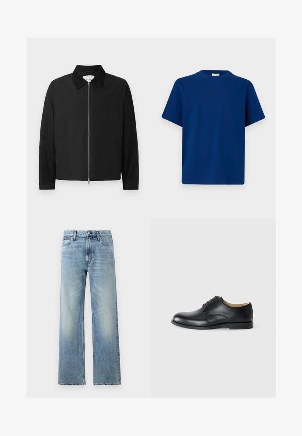 Veste zipée noire à manches longues avec col, une poche poitrine et deux poches latérales, présentée sur un fond blanc.; T-shirt bleu uni à manches courtes avec col rond et petit logo discret centré sur la poitrine, sur un fond uni.; Jean droit en denim bleu clair avec taille haute, cinq poches, fermeture à boutons et léger délavage sur les cuisses et les genoux.; Calvin Klein ESS DERBY - Derbies - triple black