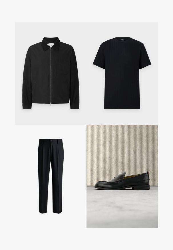 Chaqueta negra de manga larga con cremallera y collar, con un bolsillo en el pecho y dos bolsillos laterales, exhibida sobre un fondo blanco.; Camiseta negra de manga corta con cuello redondo y sutil textura acanalada vertical sobre un fondo plano color gris claro.; Pantalones negros de tela suave, con un diseño de pierna recta, pliegues en la parte delantera y cierre de botón con trabillas para cinturón.; Mocasín de cuero negro para hombre con empeine grabado en relieve de cocodrilo y tacón bajo, mostrado de perfil sobre un fondo neutro.