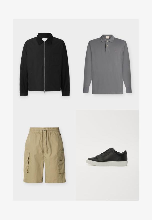 Chaqueta negra de manga larga con cremallera y collar, con un bolsillo en el pecho y dos bolsillos laterales, exhibida sobre un fondo blanco.; Polo gris de manga larga con dos botones, cuello clásico y un pequeño logo bordado con forma de escudo en el pecho izquierdo.; Pantalones cortos cargo beige con cintura elástica, cierre con cordón y bolsillos con solapa en ambos lados, exhibidos sobre un fondo blanco.; Zapatillas de cuero negro con punta redondeada, suela plana de goma blanca y diseño de cordones con seis ojales. Textura suave, estilo minimalista.
