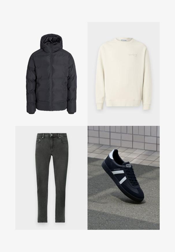 Veste d’hiver matelassée noire avec capuche, fermeture éclair devant et deux poches latérales, présentée sur un fond gris clair uni.; Replay LOGO CREW NECK - Sweatshirt - natural rope; Jean skinny gris foncé en denim à la texture lisse, présentant un fermeture à boutons classique et un design standard à cinq poches.; Sneaker en cuir noir avec des rayures blanches, semelle en caoutchouc texturée et devant à lacets. Présente une étiquette de marque sur la languette.