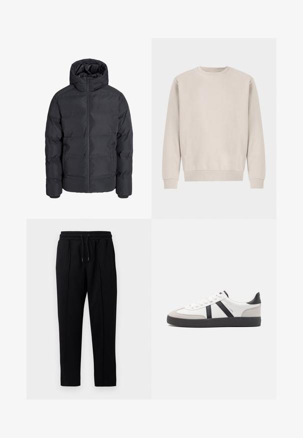 Veste d’hiver matelassée noire avec capuche, fermeture éclair devant et deux poches latérales, présentée sur un fond gris clair uni.; Sweatshirt beige à col rond en coton doux, avec une coupe décontractée, des poignets et un ourlet côtelés, sans motifs ni éléments métalliques visibles.; Pantalons de survêtement noirs avec cordon de serrage, une taille élastique et des coutures subtiles à l'avant, présentés sur un fond blanc.; Baskets blanches avec des accents noirs et gris, présentant un embout texturé gris, une semelle en caoutchouc noir et des lacets plats blancs. Design épuré, style minimaliste.