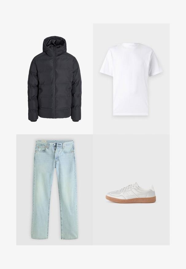 Veste d’hiver matelassée noire avec capuche, fermeture éclair devant et deux poches latérales, présentée sur un fond gris clair uni.; T-shirt blanc à manches courtes en coton avec un col rond, présentant une texture lisse et un design simple, sans motifs ni accents.; Jeans en denim bleu clair avec une coupe droite, cinq poches, braguette à boutons et décoloration subtile. Présente des détails de couture et des rivets en cuivre.; Baskets argentées avec une texture lisse, un design à lacets, des accents perforés et une semelle en caoutchouc marron texturé.