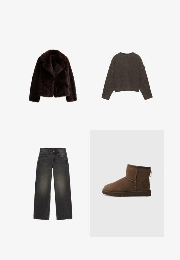 Donkerbruin faux fur jasje met een brede kraag, cropped ontwerp en lange mouwen. Zachte textuur met een dikke, harige uitstraling.; Bruine, korte trui met een gestructureerd gebreid ontwerp, wijde mouwen en een geribde halslijn, met een ontspannen pasvorm.; Zwarte wijde spijkerbroek gemaakt van denim met een vervaagde afwerking. Beschikt over vijf zakken, een rits aan de voorkant en een knoopsluiting. Gedetailleerde stitching accenten.; UGG CLASSIC MINI II - Snowboots - dusted cocoa