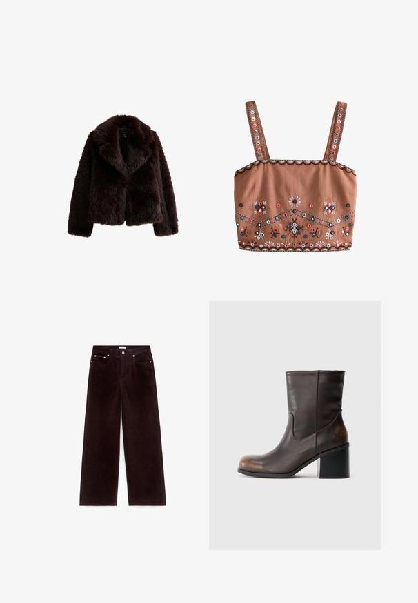 Donkerbruin faux fur jasje met een brede kraag, cropped ontwerp en lange mouwen. Zachte textuur met een dikke, harige uitstraling.; Bruine crop top met brede bandjes, versierd met meerkleurige bloemenborduursels en cirkelvormige patronen langs de bandjes en zoom.; Donkere bruine wijde corduroy broek met een voorknop en ritssluiting, riemlussen en een vijf-pocket ontwerp.; Donkerbruine leren laars tot halverwege het kuit met een ronde neus en blokhak, met subtiele slijtageplekken op de neus en hak.