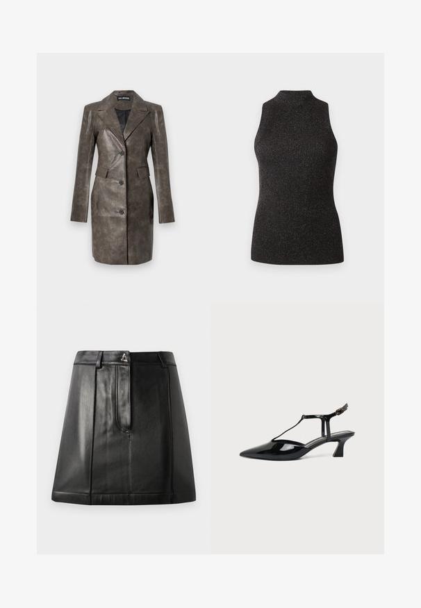 Brun læderjakke med en skarp krave, enkeltknaplukning, sidelommer og glat tekstur. Skræddersyet pasform med lange ærmer.; CLOSED SLEEVELESS - Top - black; Sorte læderskirt med en struktureret form, der har en frontlomme og en metalaccent i taljen. Glat tekstur og broderede detaljer.; Sort laklæder spids tå slingback sko med T-rem og lav skrå blokhæl på hvid baggrund.