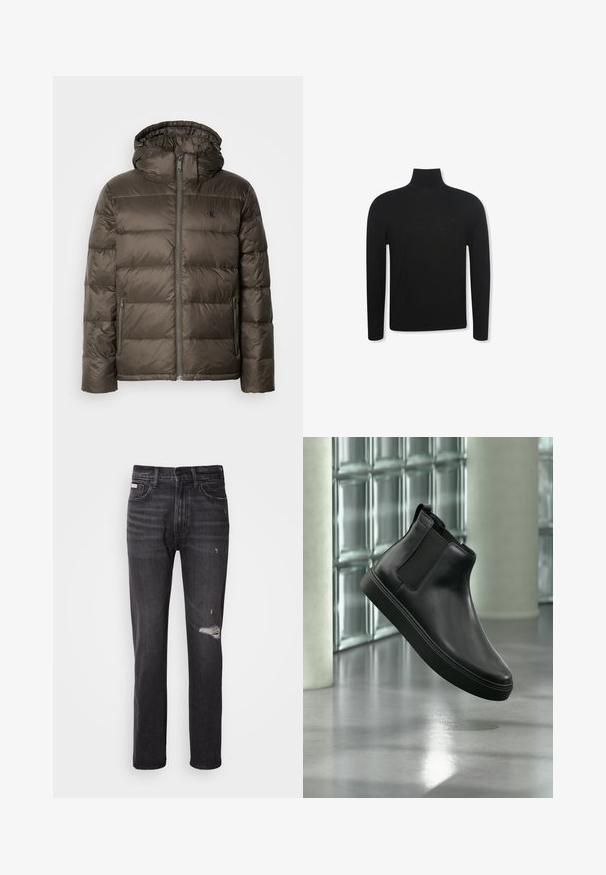 Veste marron matelassée avec capuche, présentant une fermeture éclair à l'avant, des poches latérales et un design matelassé. Le matériau semble léger et lisse.; Pull noir à col roulé manches longues, coupe ajustée et logo discret sur la partie gauche de la poitrine, présenté sur fond blanc.; Jean en denim noir avec une coupe droite, des détails déchirés au niveau des genoux, un style à cinq poches et une finition légèrement délavée.; Bottine en cuir noir avec panneaux latéraux élastiques flottant au-dessus d'un sol en béton poli et des blocs de verre en arrière-plan.