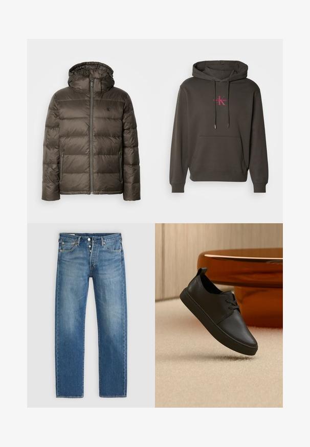 Polstret brun jakke med hætte, der har en frontlynlås, sidelommer og et quiltet design. Materialet ser let og glat ud.; Mørkegrå hættetrøje med kængurulomme, snore i hætten og Calvin Klein-logo i pink på brystet. Blødt bomulds- materiale.; Lysblå denim jeans med lige pasform, der har fem lommer, metalknaplukning og kontrastgule syninger.; Sort lædersneaker til hverdag med snørebånd, svævende over beige tæppe med et rundt bord af ravfarvet glas i baggrunden.