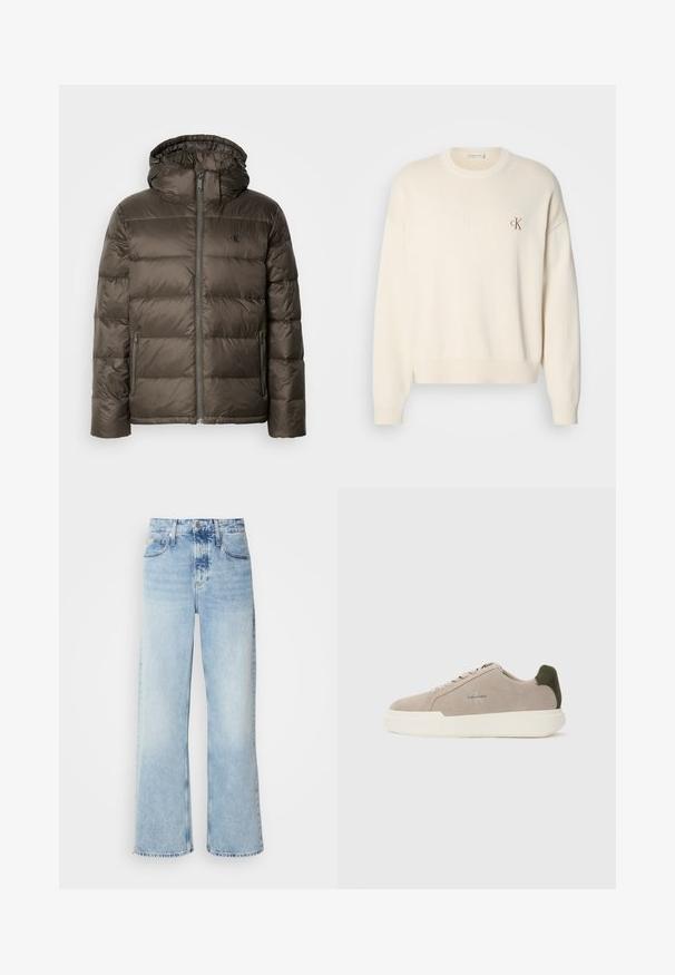 Polstret brun jakke med hætte, der har en frontlynlås, sidelommer og et quiltet design. Materialet ser let og glat ud.; Kremfarvet strikket sweater med ribbet tekstur, rund halsudskæring og drop-skuldrer. Har et lille brunt broderet logo på brystet.; Lysblå vide jeans med høj talje, der har en falmet finish, bæltestropper og klassisk fem-lomme design. Kantene er rå.; Beige ruskinds sneakers med en hvid gummisål, der har en mørkegrøn hælaccent og subtil branding på siden.