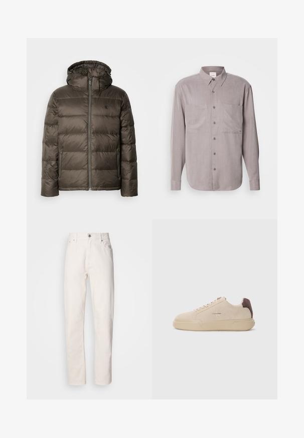 Polstret brun jakke med hætte, der har en frontlynlås, sidelommer og et quiltet design. Materialet ser let og glat ud.; Langærmet button-up skjorte i dæmpet grå stof, med to brystlommer, en klassisk krave og tonal knaplukning.; Hvide denim jeans med lige ben, med knap- og lynlåslukning, bæltestropper samt for- og baglommer, præsenteret på en ensfarvet baggrund.; Beige ruskind sneakers med rund tå, snørret foran og en brun ruskindsdetalje på hælen. Har en tekstureret gummisål.