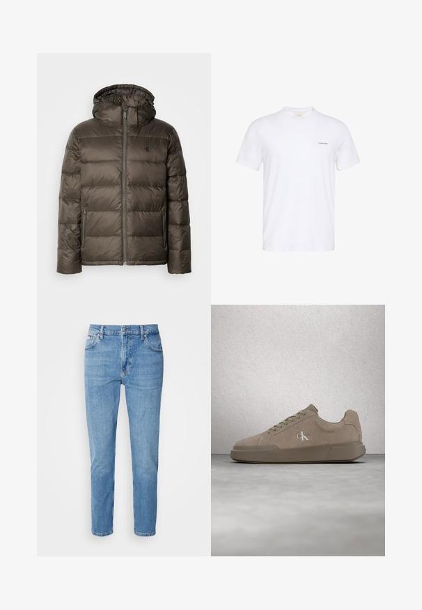 Gevoerde bruine jas met capuchon, voorzien van een ritssluiting aan de voorkant, zijzakken en een gestikte ontwerp. Het materiaal lijkt lichtgewicht en glad.; Witte T-shirt met korte mouwen en ronde hals, met klein zwart Calvin Klein-logo op de linkerborst.; Lichtblauwe denim jeans met een rechte pasvorm, vijf zakken en subtiele vervaging. Voorzien van een knoopsluiting en riemlussen.; Beige suède sneaker met veters en "ck"-logo, zwevend boven een gepolijste betonnen vloer met een achtergrond van glazen blokken.
