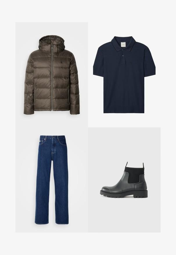 Polstret brun jakke med hætte, der har en frontlynlås, sidelommer og et quiltet design. Materialet ser let og glat ud.; Marineblå kortærmet polo-shirt med to knapper, ribbet krave med tynd sort kant og lille "ck"-logo på venstre bryst.; Mørkeblå denimjeans med et bredt ben-design, der har en knaplukning og klassisk fem-lomme styling. Stoffet har en glat tekstur.; Sorte ankelstøvler lavet af gummi med en mat finish, der har et strømlinet design, elastiske paneler og en kraftig sål for godt greb.