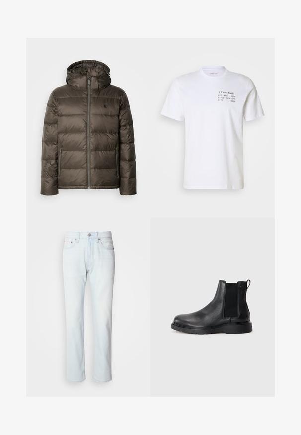 Chaqueta acolchada marrón con capucha, presenta un cierre frontal, bolsillos laterales y un diseño acolchado. El material parece ligero y suave.; Camiseta de algodón blanca con mangas cortas, cuello redondo y texto impreso: "Calvin Klein 205 WEST 39TH STREET NEW YORK CITY 10018."; Jeans de mezclilla azul claro con corte recto. Cuentan con un cierre de botón y pasadores para cinturón, mostrando una textura desgastada y costuras mínimas.; Botas Chelsea de cuero negro con acabado texturizado, paneles laterales elásticos y una suela de goma resistente. Marca sutil en el talón.