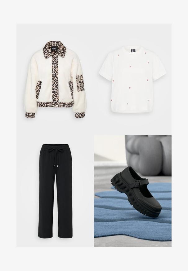 Witte fleece jas met luipaardprint accenten op de kraag, het voorpand, de zakken en de boorden. Kenmerkt zich door een knoopsluiting en een ontspannen pasvorm.; Witte katoenen t-shirt met korte mouwen, versierd met meerdere geborduurde kleine aardbeien in roze en groen. Ontspannen pasvorm, ronde hals.; Zwarte, wijde broek gemaakt van een zachte stof. Heeft een elastische tailleband met een trekkoord en metalen uiteinden. Soepele textuur, zonder patronen.; Zwarte Mary Jane-stijl schoen met dikke geribbelde zool en gesp, rustend op een gestructureerd blauwe tapijt met wazige achtergrond.