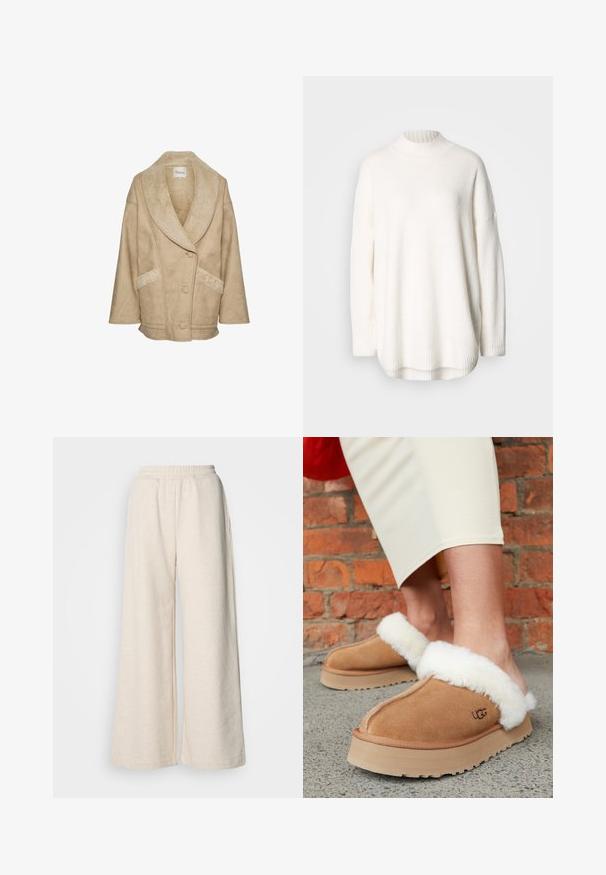 Beige schapenleren jacket met een brede kraag, knoopsluiting en zijzakken. Heeft een textuurtstof en contrasterende schapenleren accenten.; Witte gebreide trui met een geribde hoge hals, vallende schouders en zijsplitten aan de zoom. Gemaakt van zachte, gestructureerde stof.; Hoge taille, wijde pijpen broek in lichtbeige stof. Voorzien van een elastische tailleband en zijzakken. Zachte textuur met een casual ontwerp.; Bruine suede slippers met witte schapenwolafwerking. Dikte middenzool en textuurvoering onderkant. UGG-logo zichtbaar aan de zijkant. Casual instapontwerp.
