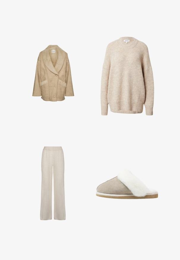 Veste en shearling beige avec un large col, fermeture à boutons et poches latérales. Présente un tissu texturé et des accents en shearling contrastés.; Pull en tricot beige avec un col rond, des épaules tombantes et des poignets et un ourlet côtelés. Il offre une coupe légèrement ample et texturée.; Pantalons à jambe large en tissu beige clair et doux. Présentent une texture lisse avec une taille élastique et un design simple, sans embellissements.; Mocassin en daim beige clair avec une bande de fourrure blanche duveteuse sur le dessus, doté d'une semelle extérieure texturée pour une meilleure adhérence et un confort optimal.