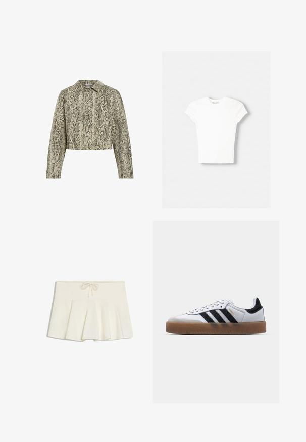 Veste courte en imprimé serpent, avec un schéma de couleurs beige et noir, fermeture à boutons sur le devant, col pointu et manches longues.; T-shirt blanc à manches courtes en coton doux, avec un col rond et une coupe ajustée. Pas de motifs ni d'ornements visibles.; Mini-jupe plissée blanche avec une taille à cordon et un tissu doux et structuré, posée à plat sur un fond blanc.; Baskets en cuir blanc avec des rayures noires, semelle extérieure en caoutchouc beige, bout rond, fermeture lacée et embout en suède gris doux.