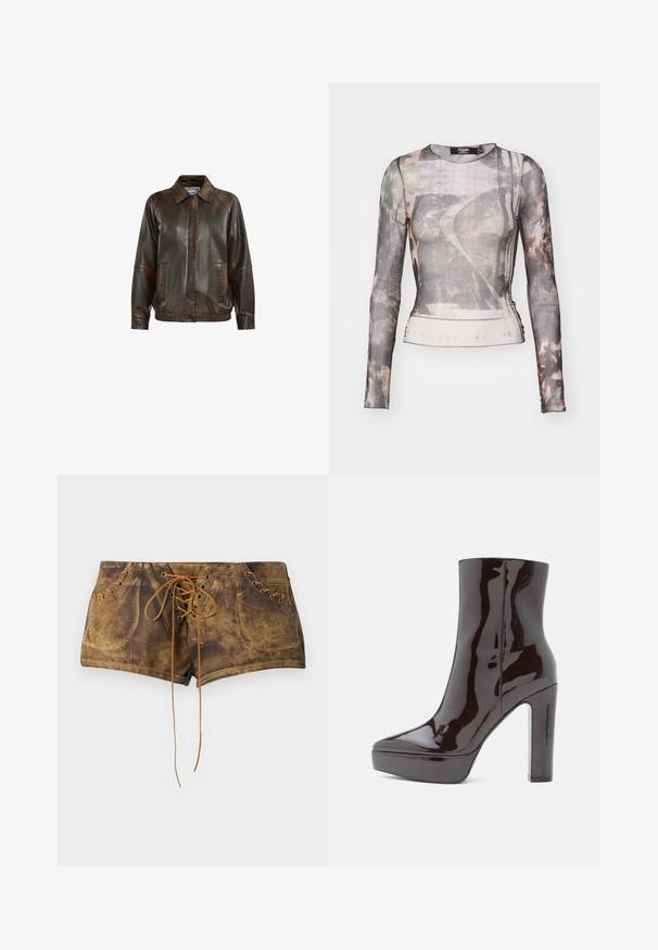 Veste en cuir marron avec un col, fermeture éclair à l'avant, deux poches latérales et une taille côtelée, avec une texture lisse.; T-shirt à manches longues en maille transparente avec un motif abstrait gris et marron, décolleté rond et silhouette près du corps avec une légère élasticité.; Shorts marron à lacets avec une surface texturée et des lacets contrastants beiges. Présente des œillets et une coupe ajustée pour un aspect snug.; Bottine noire brillante avec un haut talon bloc et une semelle à plateforme. Texture lisse, bout rond et silhouette élégante. Pas de matériel visible.