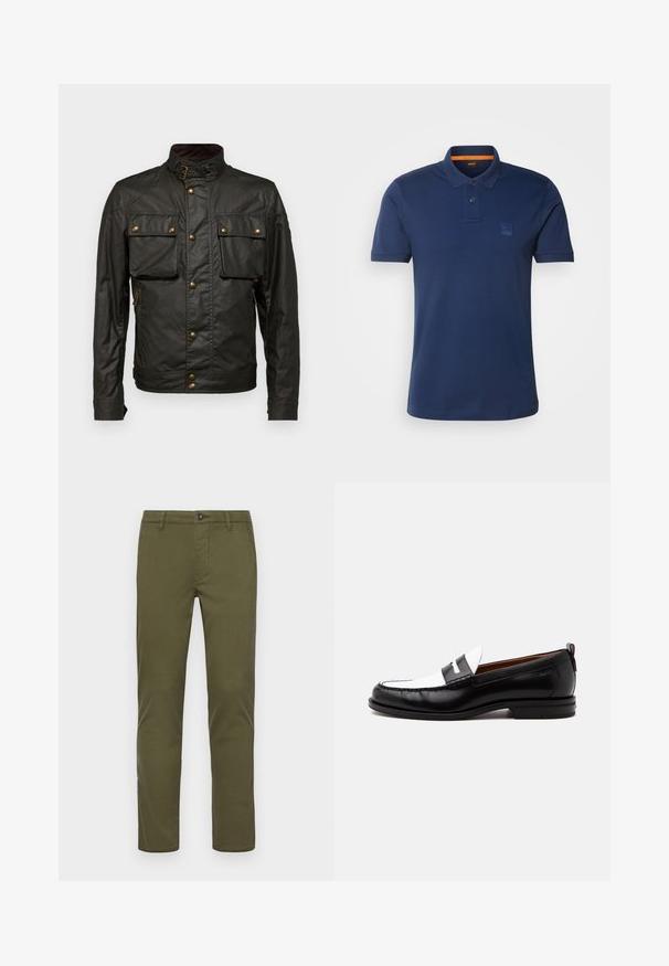 Mørkegrøn vokset bomuldsjakke med høj krave, gyldent hardware, to brystlommer og en lynlåslomme på siden. Glat tekstur, robust design.; BOSS PASSENGER - Poloshirts - open blue; Oliven grønne bomulds chinos med lige ben-design, der har en frontknaplukning, sidelommer og rene kanter.; Sort-hvid læderloafer med syning, lav hæl og slip-on design, vist fra siden på en ensfarvet baggrund.