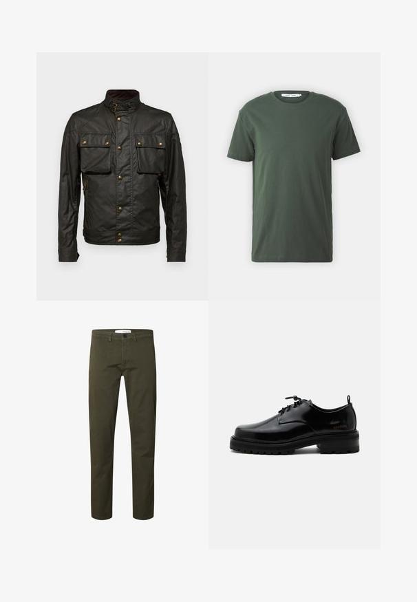 Mørkegrøn vokset bomuldsjakke med høj krave, gyldent hardware, to brystlommer og en lynlåslomme på siden. Glat tekstur, robust design.; Mørkegrøn bomulds T-shirt, korte ærmer, rund hals, afslappet pasform, ensfarvet design og glat tekstur uden synlige mønstre eller detaljer.; Mænds bukser i mørkegrøn med lige ben, bæltestropper, knaplukning og forlommer, vist på en ensfarvet baggrund.; Sort poleret læder snørestøvle med tyk gummisål og lav hæl, sideskilt med mærketekst "SAMSOE" og bageste træksnor.