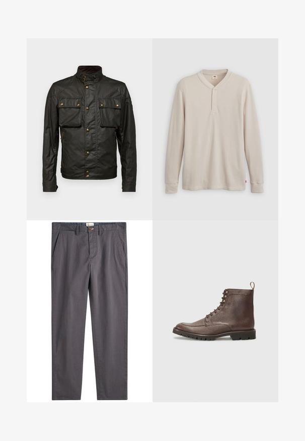 Mørkegrøn vokset bomuldsjakke med høj krave, gyldent hardware, to brystlommer og en lynlåslomme på siden. Glat tekstur, robust design.; Langærmet henley-skjorte i lys beige ribbet stof, med V-hals, tre-knap placket og manchetter ved ærmerne. Rød logo-tags ved kanten.; Grå bomuldsbukser med lige ben, knaplukning og sidelommer. Glat tekstur med subtile syninger.; Hackett London SLOANE APRON - Snørestøvletter - dark mocca brown