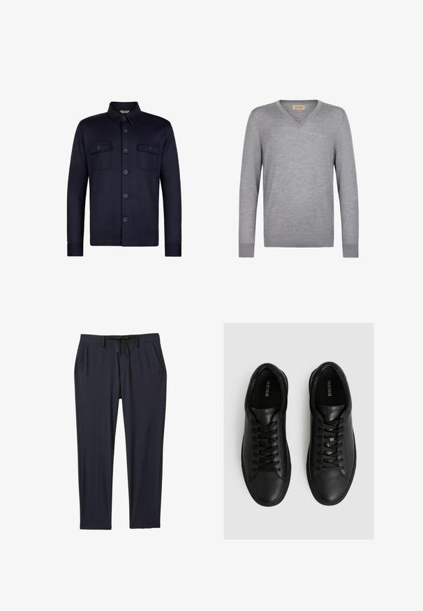 Marineblaue Hemdbluse mit langen Ärmeln und zwei Brusttaschen. Hergestellt aus einem glatten Stoff mit einem Kragen und dunklen Knöpfen.; Hellgrauer V-Ausschnitt Pullover mit langen Ärmeln aus feinem Strickstoff mit gerippten Bündchen und Saum, gekennzeichnet als 100% reiner Kaschmir.; Marinefarbene Sporthose aus dehnbarem Stoff, mit einem verstellbaren Bund, zwei Seitentaschen und geradem Beinanschnitt.; Schwarze Ledersneaker mit glatter Oberfläche, runder Zehenpartie, sechslöcherigem Schnürdesign und flacher Gummisohle.