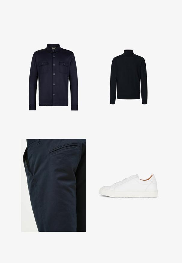 Marineblå skjorte med lange ærmer og to brystlommer. Lavet af et glat stof med krave og mørke knapper.; Hackett London ROLL NECK - Striktrøje - midnight blue; Mørkeblå bomuldsbukser med en glat tekstur, der har en sidelomme og en diskret baglomme med en skrå åbning.; Hvide lædersneakers med en glat overflade, rund tå, snørebånd foran og struktureret gummisål. Minimalistisk design uden synlige logoer.