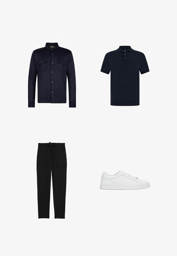 Marineblaue Hemdbluse mit langen Ärmeln und zwei Brusttaschen. Hergestellt aus einem glatten Stoff mit einem Kragen und dunklen Knöpfen.; Marineblaue Poloshirt aus strukturiertem Baumwollgewebe, mit Kragen, drei Knöpfen am Ausschnitt und gerippten kurzen Ärmeln.; Reiss REGULAR FIT - SET BELTED TECHNICAL - Stoffhose - black; Weißer, flacher Ledersneaker mit weißen Schnürsenkeln, genähten Details und flacher Gummisohle, seitlich auf einfarbigem Hintergrund gezeigt.