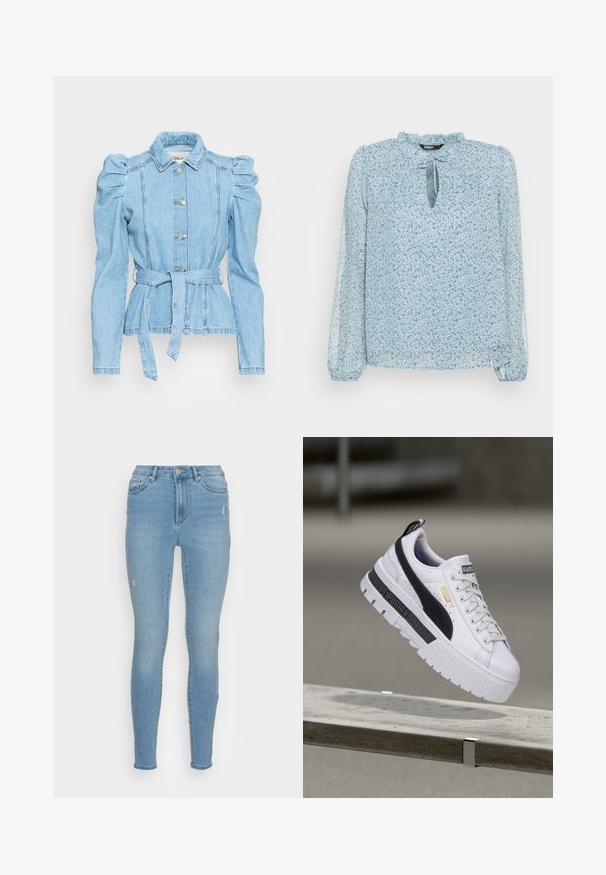Hele see sinine denimikate, millel on puhvatud varrukad, vööga talje, viis nuppe ja struktureeritud krae. Täiendavad detailne tikandid ja istuv lõige.; ONLY ONLDITSY BLOUSE - Pluus - dusty blue; Vero Moda Kitsa lõikega teksad - light blue denim; Valge Puma platvorm-toss musta triibu ja kuldse logoga, hõljumas betoonpingi kohal õues.