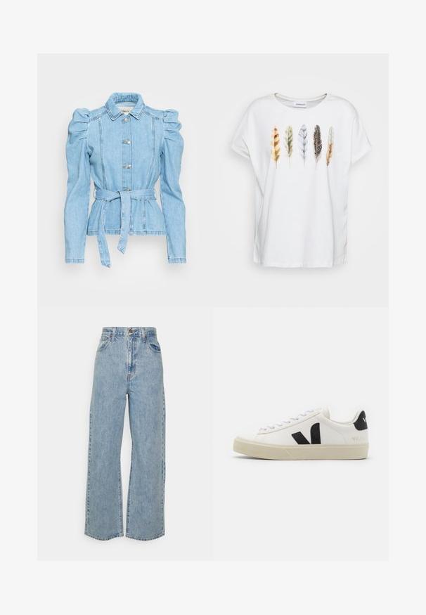 Lyseblå denimjakke med puffede ærmer, bælte i taljen, fem knapper og en struktureret krave. Har detaljeret syning og en tætsiddende pasform.; Hvid bomuld t-shirt med korte ærmer, der har et print af syv flerfarvede fjer i forskellige former og mønstre på brystet.; Lyseblå vidde denimjeans med høj talje, frontknap, lynlås og femlomme-design på ensfarvet baggrund.; Hvide lædersneakers med sort gummiv V-logo. Tekstureret off-white sål, hvide snørebånd og bagside med brandnavn i sort.