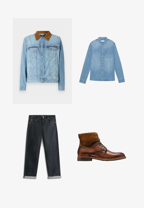 Veste en denim bleu clair avec un col en velours cordé marron, deux poches poitrine, fermeture à boutons et manches longues. Texture légèrement délavée.; Chemise en denim bleu clair à boutons, manches longues, col pointu, poche poitrine unique et décoloration subtile sur le tissu.; Jean en denim bleu foncé avec revers roulés, cinq poches et coutures contrastées, posé à plat sur un fond blanc.; Kazar ALID - Bottines à lacets - brown