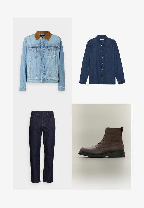 Veste en denim bleu clair avec un col en velours cordé marron, deux poches poitrine, fermeture à boutons et manches longues. Texture légèrement délavée.; Chemise en denim bleu foncé à manches longues, avec un devant boutonné, un col et une poche poitrine. Comprend des accents en boutons argentés.; Jeans en denim bleu foncé avec une coupe droite, cinq poches et des coutures jaunes contrastées. Conçus avec une fermeture classique à bouton et à glissière.; Bottine en cuir marron à lacets, semelle en caoutchouc noire, bout rond et languette à l'arrière, vue de profil sur fond neutre.