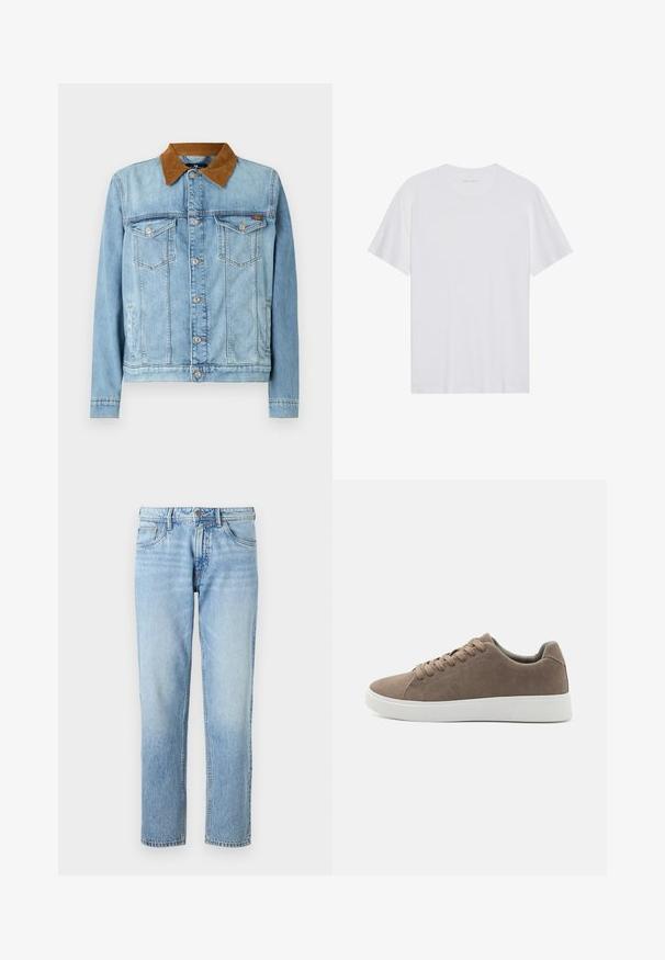 Lyseblå denimjakke med brunt fløjlskrage, to brystlommer, knaplukning og lange ærmer. Let falmet struktur.; Hvid bomulds T-shirt med korte ærmer, rund hals og en glat tekstur. Har minimal branding på halsudskæringen.; Lyseblå denimjeans med lige ben, fem lomme-design, falmet tekstur og klassisk knap- og lynlåslukning.; Brune ruskinds sneakers med flade hvide gummisåler, snørelukning, rund tå og en glat overflade. Minimalistisk stil med diskrete syninger.