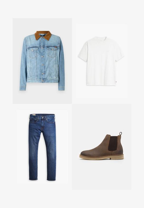 Veste en denim bleu clair avec un col en velours cordé marron, deux poches poitrine, fermeture à boutons et manches longues. Texture légèrement délavée.; T-shirt en coton blanc à manches courtes, col rond, avec un logo "Levi's" discret imprimé en couleur claire sur le devant.; Un jean en denim bleu avec une coupe droite, comportant cinq poches, une fermeture à bouton et une fermeture éclair, ainsi qu'un surpiquage doré contrastant.; Botte Chelsea en cuir marron avec des panneaux latéraux élastiques, bout rond, tirette et semelle texturée beige clair.
