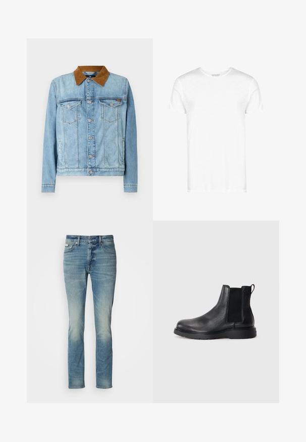 Lyseblå denimjakke med brunt fløjlskrage, to brystlommer, knaplukning og lange ærmer. Let falmet struktur.; Hvid T-shirt lavet af letvægtsbomuld, med en klassisk rund halsudskæring, korte ærmer og et let struktureret stof. Ingen logoer eller mønstre.; Lyseblå denim jeans med lige snit, fem-lomme design og let falmning. Knap- og lynlåslukning i taljen.; Sorte læder chelsea støvler med tekstureret finish, elastiske sidepaneler og en robust gummisål. Subtil branding på hælen.