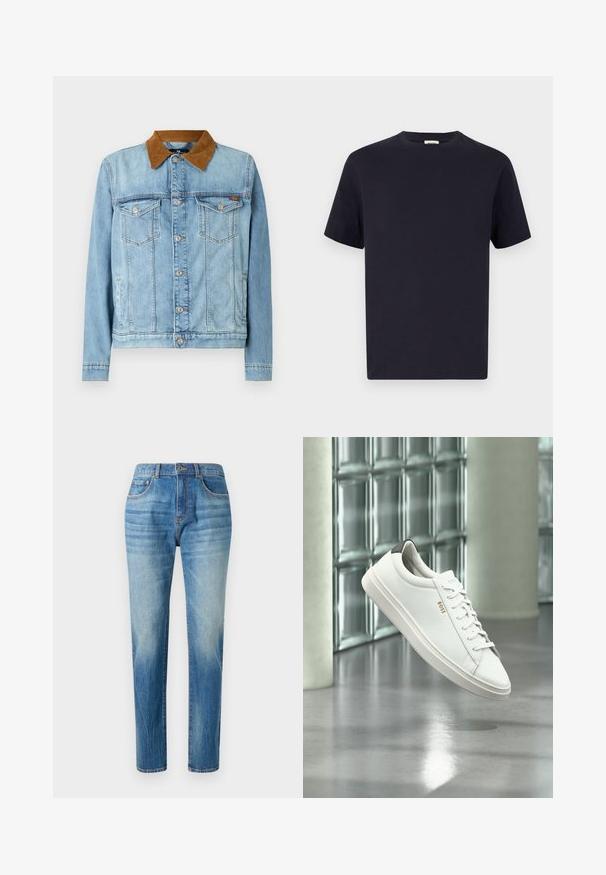 Lyseblå denimjakke med brunt fløjlskrage, to brystlommer, knaplukning og lange ærmer. Let falmet struktur.; Marineblå bomulds T-shirt med rund halsudskæring, korte ærmer og afslappet pasform; glat tekstur; ingen synlige mønstre eller hardware.; Lyseblå denimjeans med lige ben, høj talje, subtilt slid og klassisk fem-lomme-design. Metalknaplukning.; Hvid læder lav-top sneaker med snørebånd, sort hælflig og "BOSS"-logo, svævende indendørs nær glasblok væg og poleret gulv.