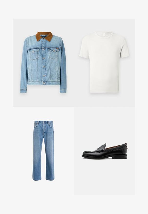 Lyseblå denimjakke med brunt fløjlskrage, to brystlommer, knaplukning og lange ærmer. Let falmet struktur.; Hvid kortærmet T-shirt med rund hals lagt fladt på en lysgrå baggrund med en lille stofmærkat ved kraven.; Lyseblå denim jeans med lige ben-design, fem lommer, knaplukning, minimal falming og kontraststingdetaljer.; Sort læder herre loafer med moc-tå syning, penny strop, struktureret krave og lav stablet hæl på hvid baggrund.